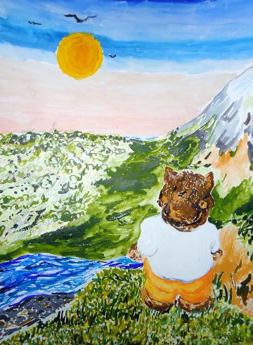 Иллюстрация к сказке "Бола в гостях у Солнца".Мишка стоит на пригорке,смотрит вдаль,река перед ним,вдали лес горы,солнце,птицы.